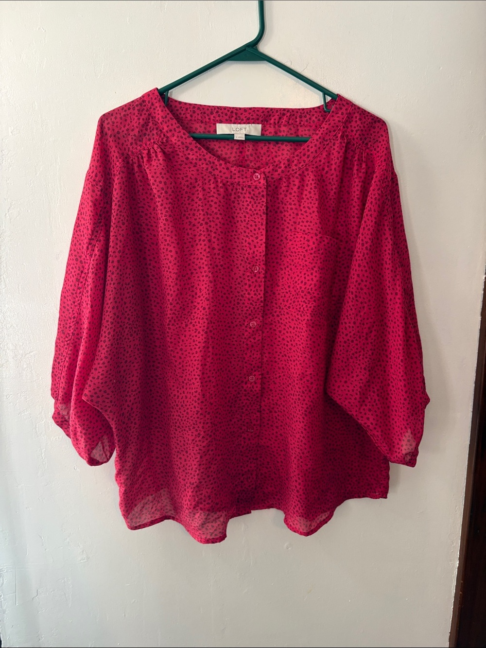 LOFT Fuchsia Red Dot-Print Button Front Blouse Size Large